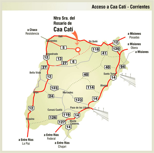 Mapa de Rutas y Accesos a Ca Cat - Imagen: Corrientes.com.ar