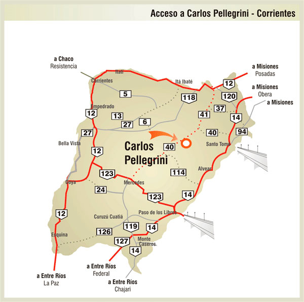 Mapa de Rutas y Accesos a Colonia Carlos Pellegrini - Imagen: Corrientes.com.ar