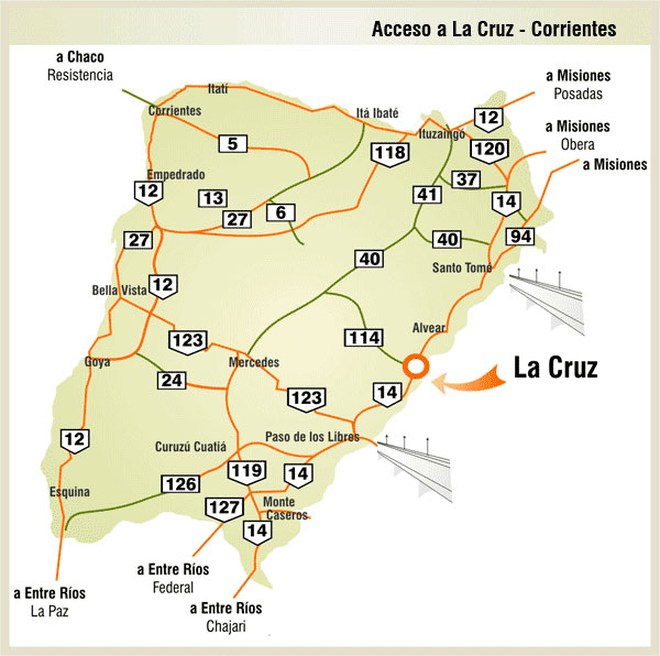 Mapa de Rutas y Accesos a La Cruz - Imagen: Corrientes.com.ar