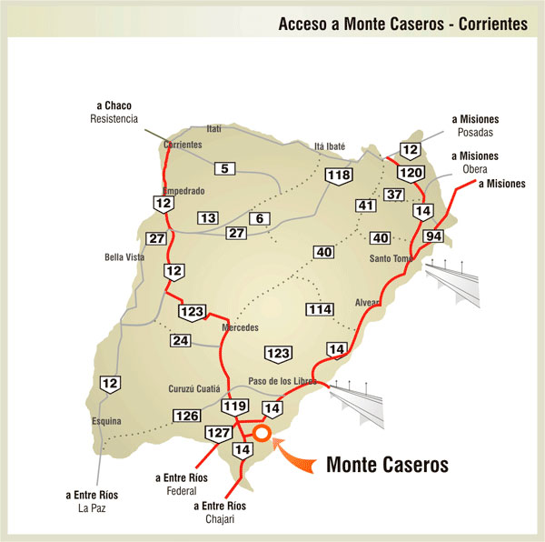 Mapa de Rutas y Accesos a Monte Caseros - Imagen: Corrientes.com.ar
