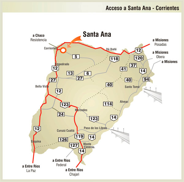 Mapa de Rutas y Accesos a Santa Ana - Imagen: Corrientes.com.ar