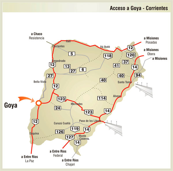 Mapa de Rutas y Accesos a Goya - Imagen: Corrientes.com.ar